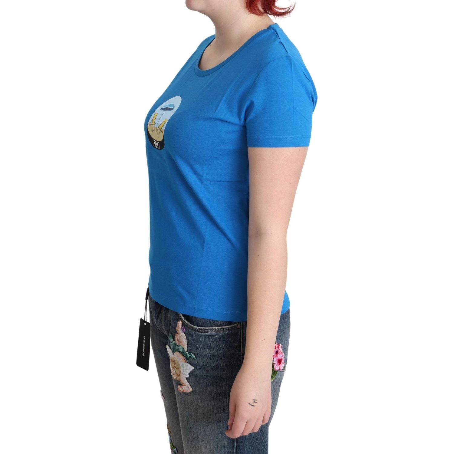 带有标志性印花的时尚蓝色棉质 T 恤