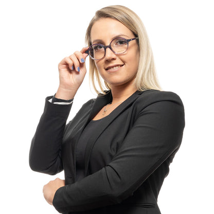 Woman wearing Emilio Pucci Purple Plastic Glasses (Frames) with a full-rim design, showcased in a professional attire.