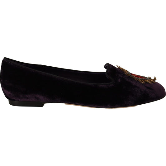 Dolce & Gabbana Purple Velvet DG Heart Loafers Flats Shoes LA9034-35