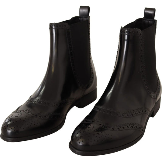 Dolce & Gabbana Black Leather Ankle High Flat Boots Shoes LA9028-35