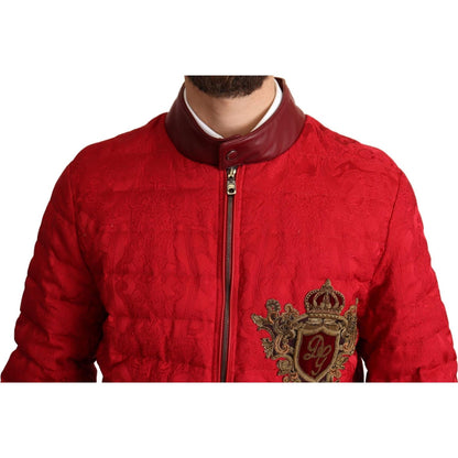 Dolce & Gabbana Red Brocade Bomber Gold Crown Logo Coat Jacket