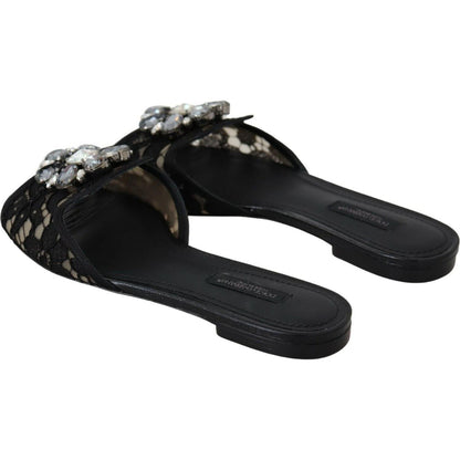 Dolce & Gabbana Black Taormina Lace Slides Crystals Flats Shoes