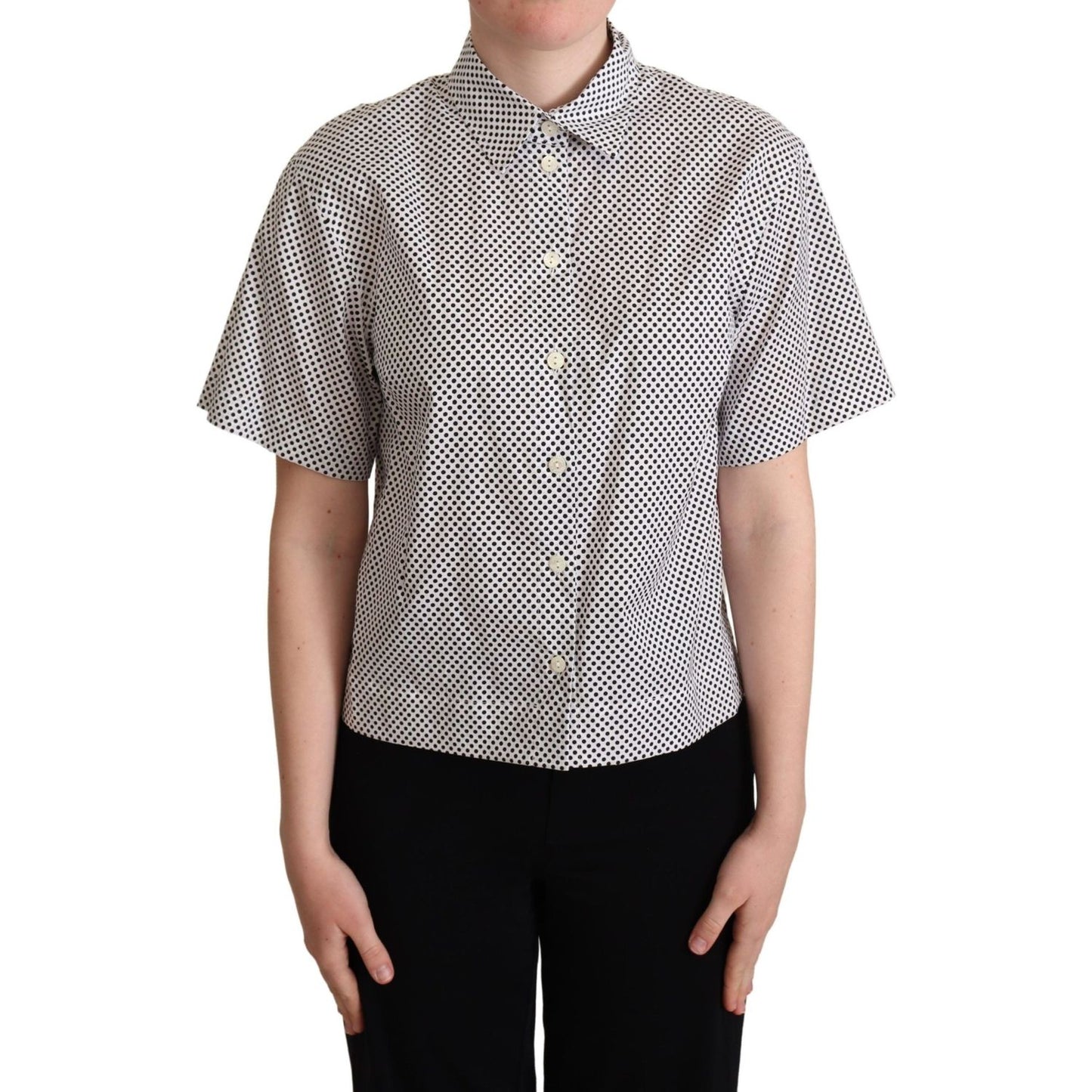 Dolce & Gabbana Black Polka Dot Collared Shirt White Blouse Top