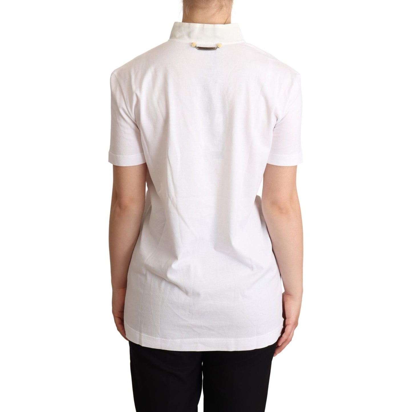 Dolce & Gabbana White Cotton Silk Blend Ascot Collar T-shirt