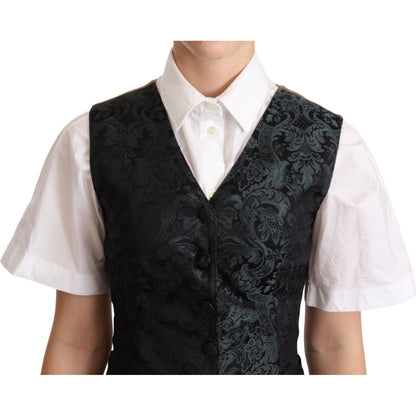 Dolce & Gabbana Black Jacquard Floral Waistcoat Vest Green Vest Jacket