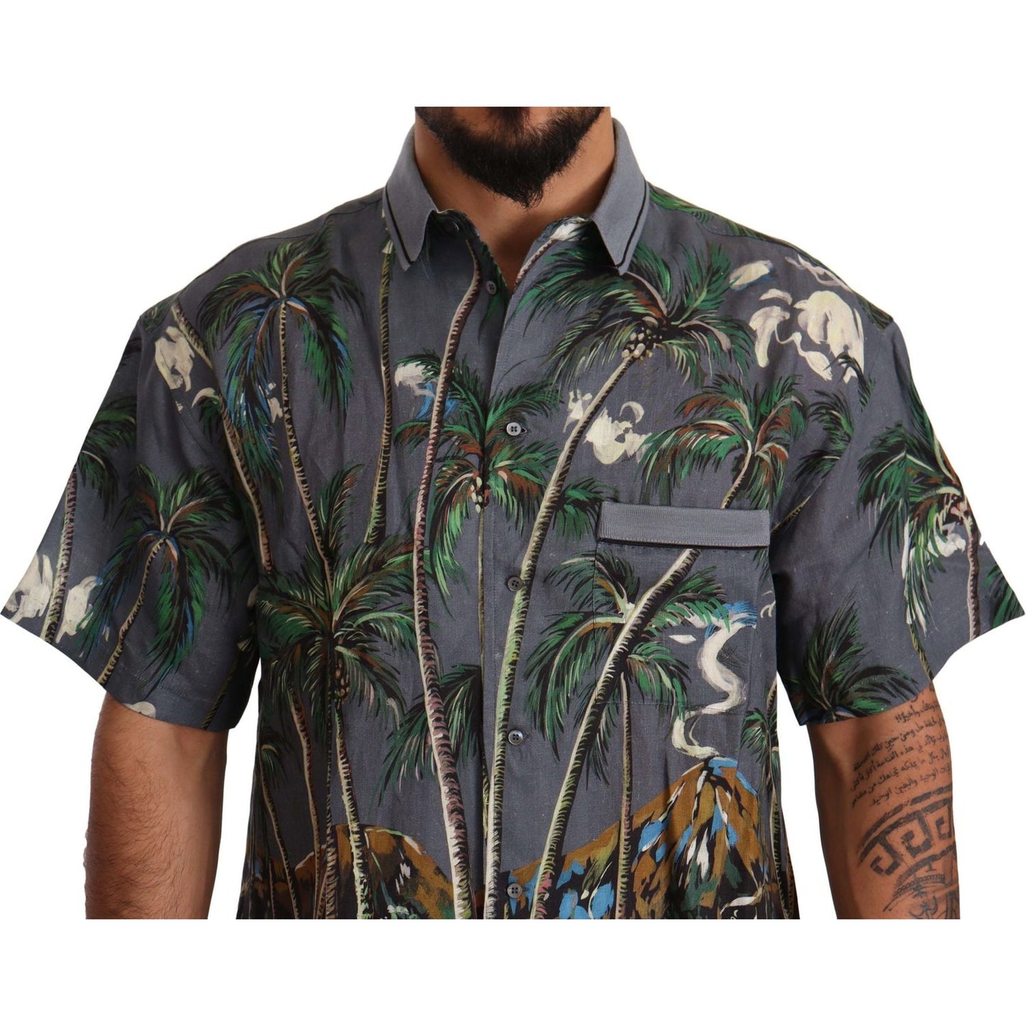 Dolce & Gabbana Gray Linen Tropical Print Collared Shirt