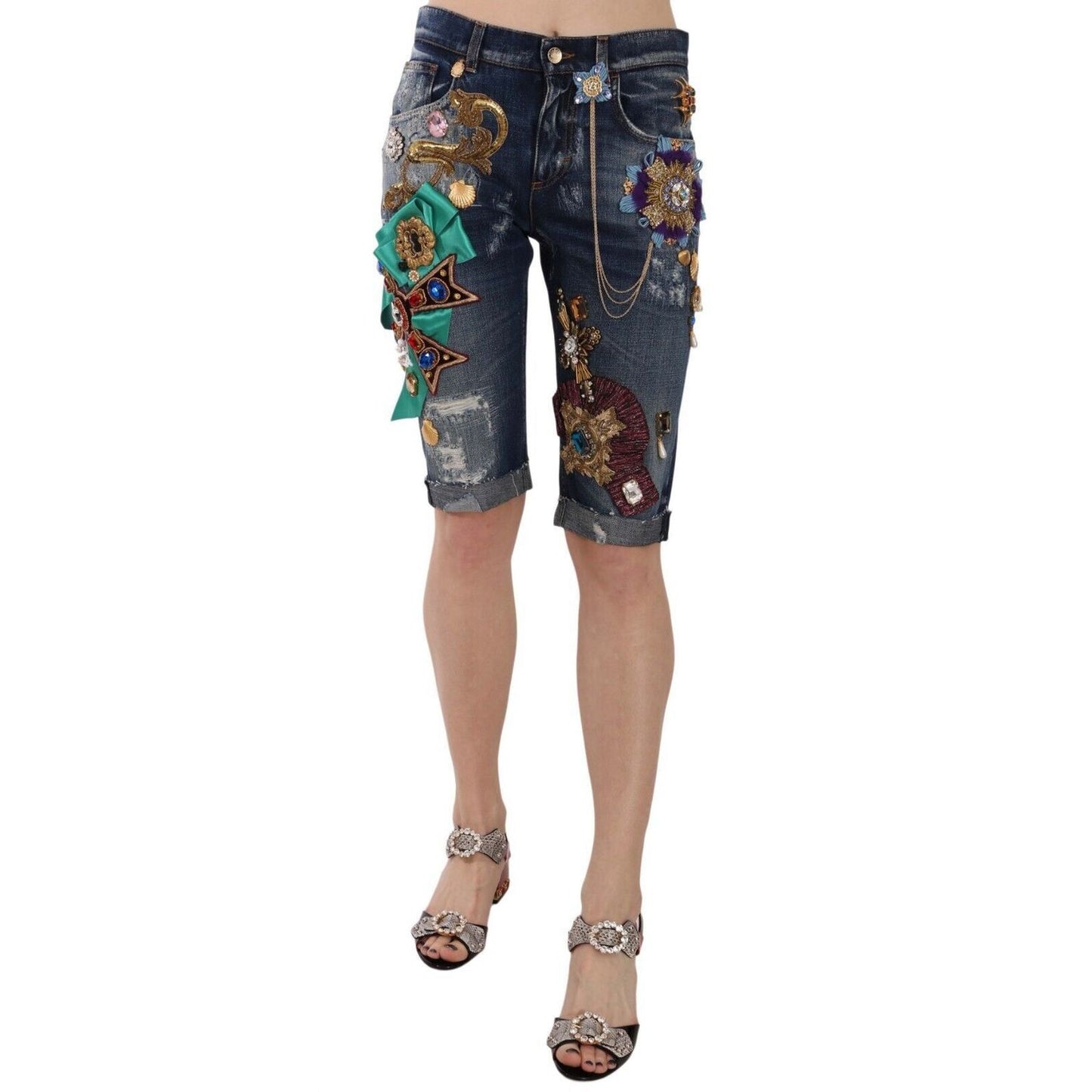Dolce & Gabbana Blue Denim Mid Waist Crystal Capri Shorts