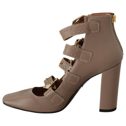 MY TWIN Brown Leather Block Heels Multi Buckle Pumps Shoes WOMAN PUMPS