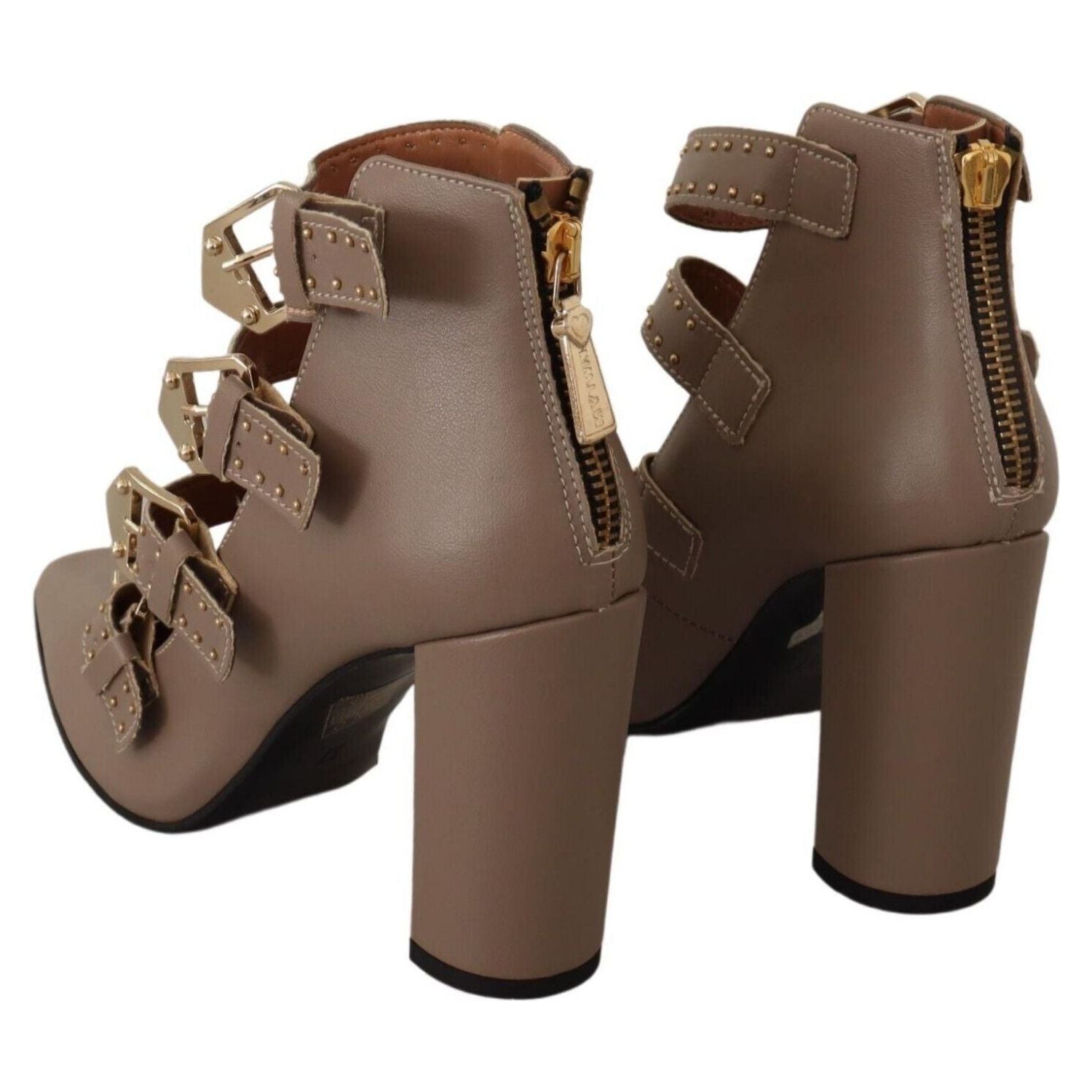 MY TWIN Brown Leather Block Heels Multi Buckle Pumps Shoes