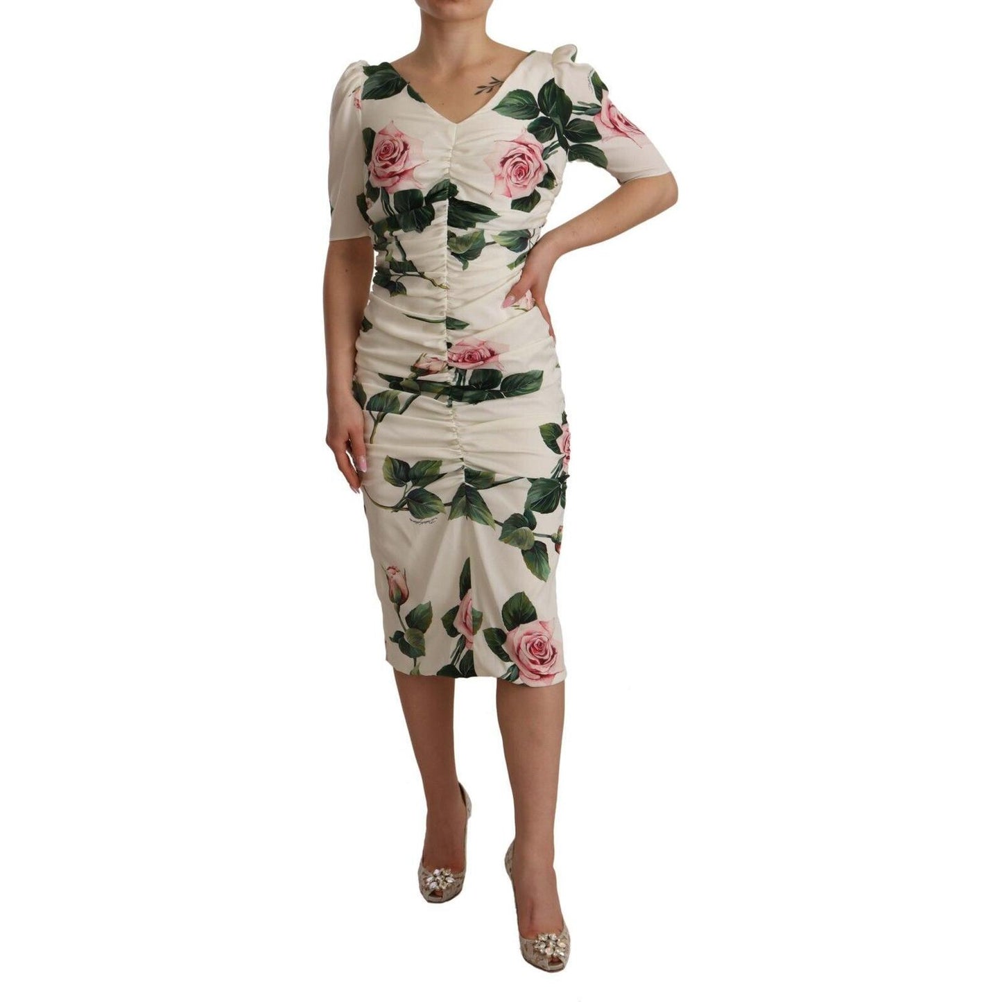 Dolce & Gabbana White Roses Print Stretch Silk Pleated Dress DR28258 - 38