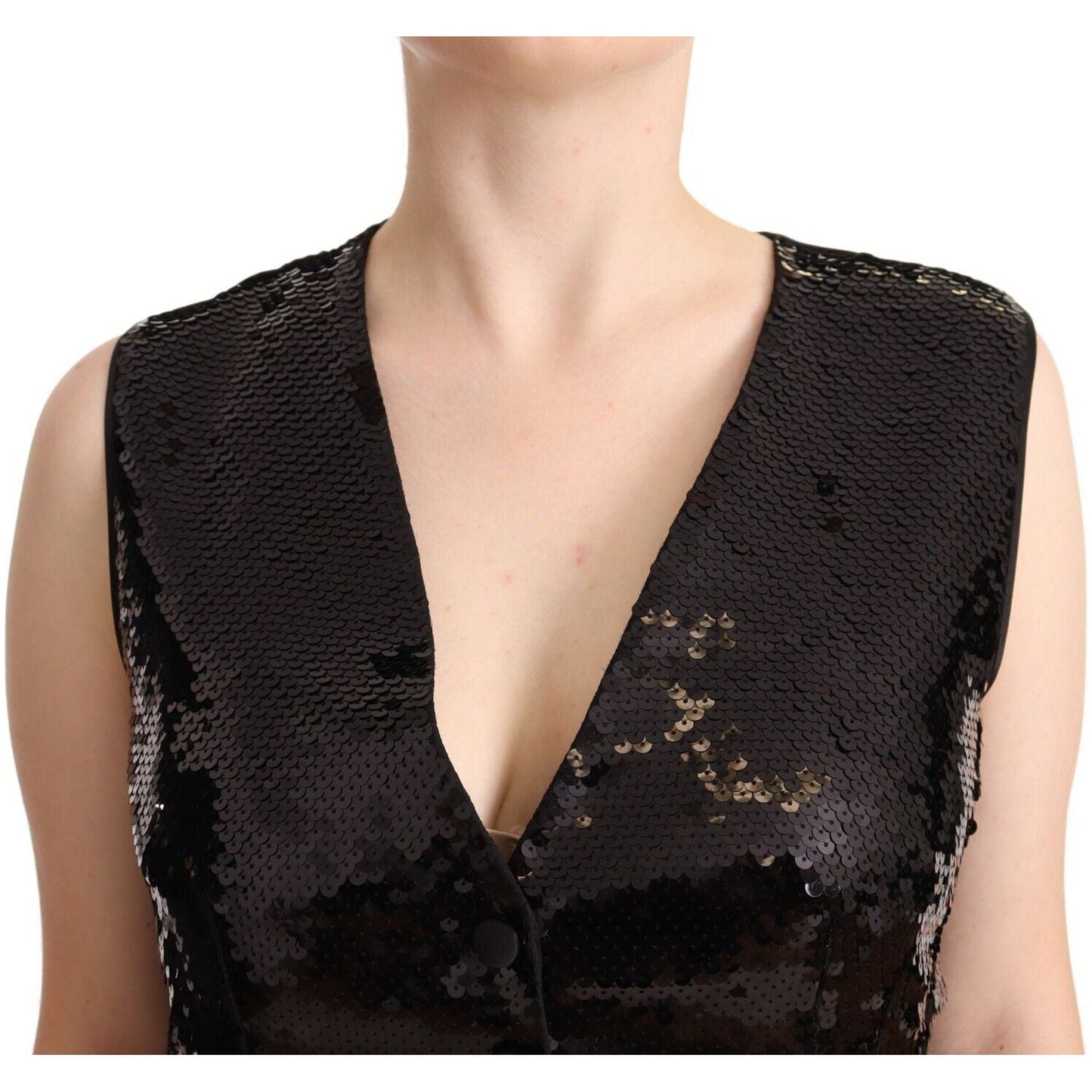 Dolce & Gabbana Black Sequin V-Neck Sleeveless Vest Tank Top WOMAN TOPS AND SHIRTS