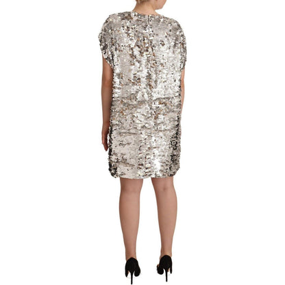 MSGM Silver Sequined Polyester Short Sleeves Shift Mini Dress