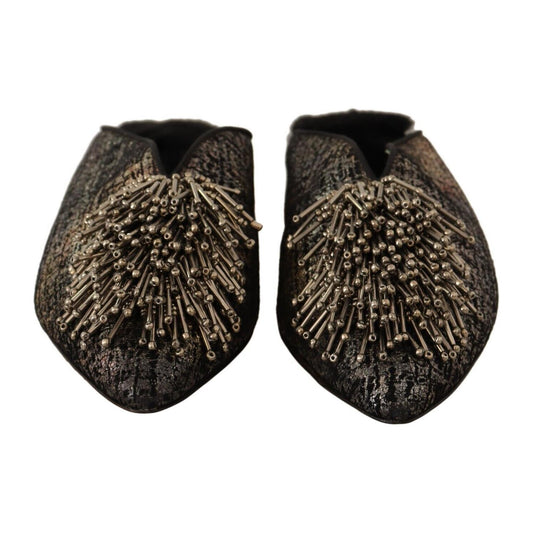 Paola D'Arcano Gold Jacquard Leather Embellished Slip On Shoes LA9437 - 36