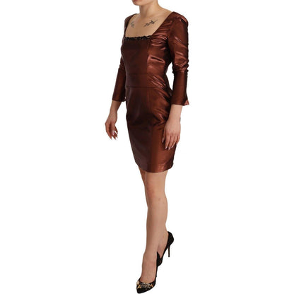 GF Ferre Metallic Brown Long Sleeves Square Neck Sheath Dress