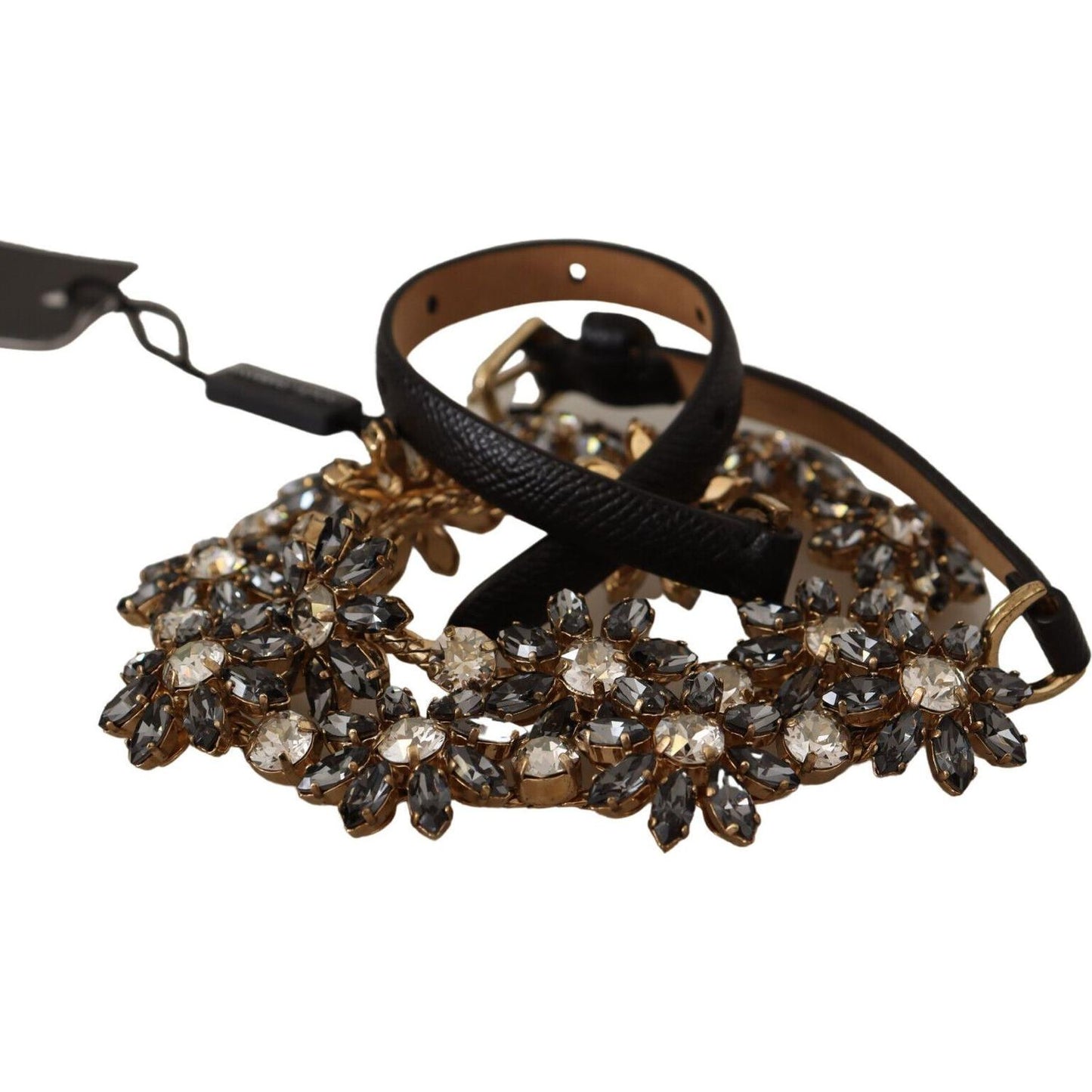 Dolce & Gabbana Black Daisy Crystal Dauphine Texture Belt BEL8296 -85