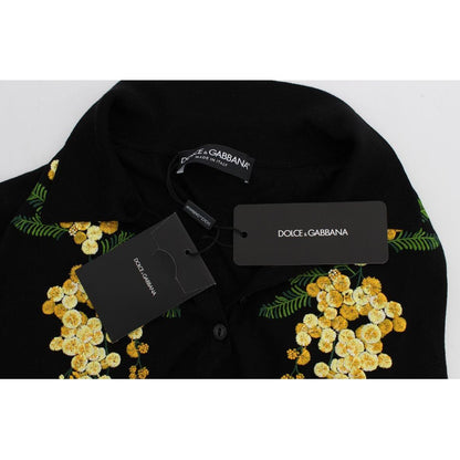 Dolce & Gabbana Black Silk Floral Embroidered Polo Top