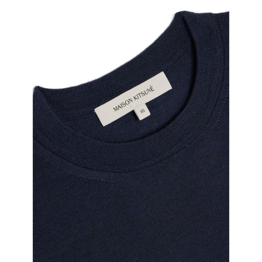 Maison Kitsuné MAISON KITSUNE' Sweaters Blue merino wool with ribbed-knit edge and fox logo patch, crew neck design.