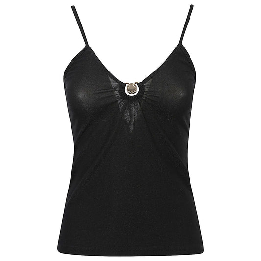 Emporio Armani Sea clothing Black top with V-neck and logo ring detail, luminous lurex fabric, crossed straps, sleeveless design.