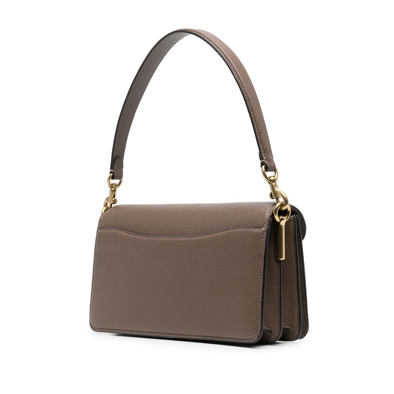 Coach Tabby 26 leather shoulder bag with removable short handle and adjustable strap, brown leather, side view.