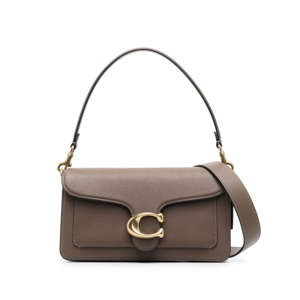 Coach Tabby 26 leather shoulder bag with zip, removable handle, adjustable strap, featuring brown leather and gold clasp.