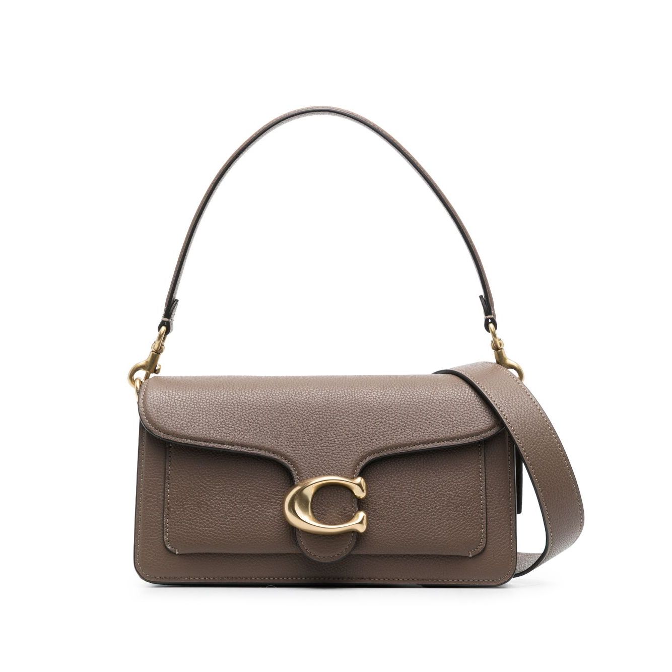 Coach Tabby 26 leather shoulder bag with zip, removable handle, adjustable strap, featuring brown leather and gold clasp.