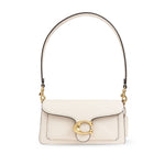 Coach Tabby 20 leather crossbody bag with multifunctional pockets, snap closure, fabric lining, and removable strap.