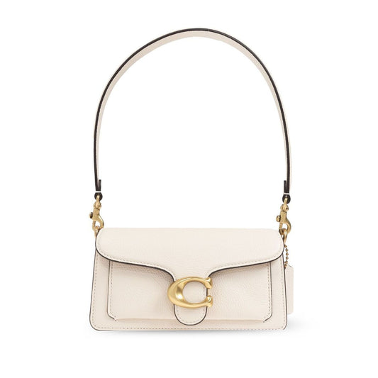 Coach Tabby 20 leather crossbody bag with multifunctional pockets, snap closure, fabric lining, and removable strap.