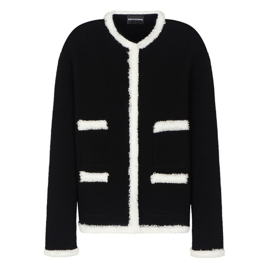 Emporio Armani Jackets Black wool-blend blazer with fringed trim and welt pockets.