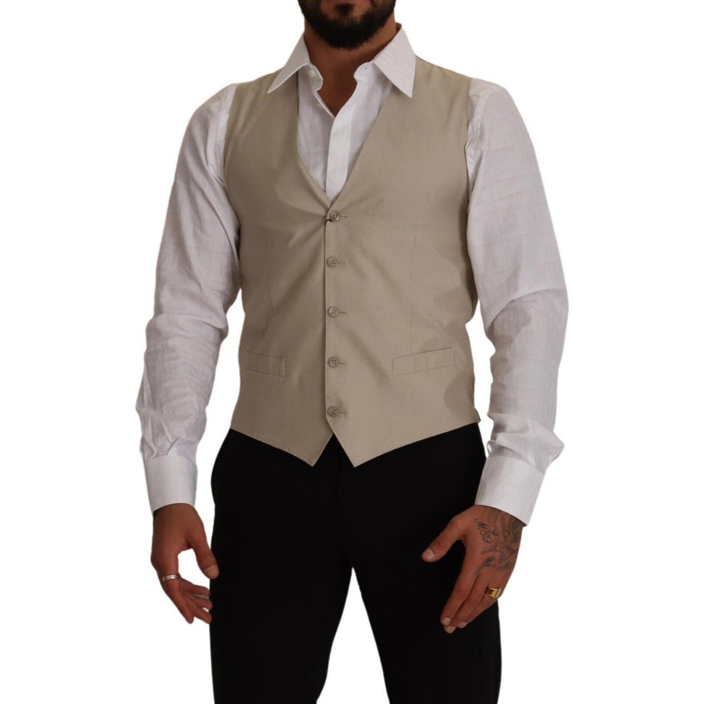 Dolce & Gabbana Beige Cotton Silk Slim Fit Waistcoat Vest TSH7651 - 48
