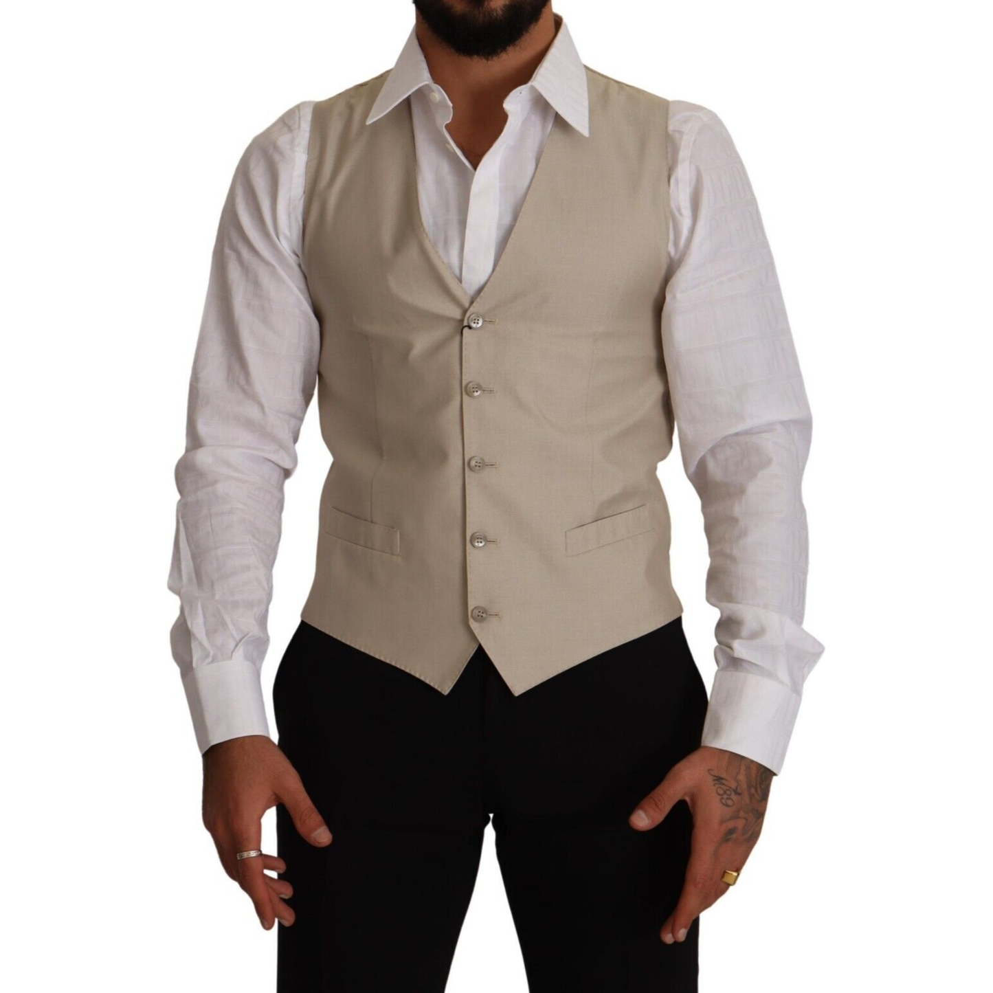 Dolce & Gabbana Beige Cotton Silk Slim Fit Waistcoat Vest TSH7651 - 48