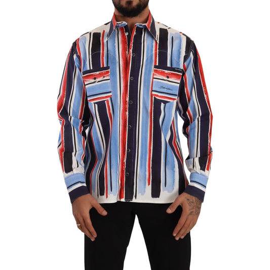 Dolce & Gabbana Red Striped Long Sleeve Cotton Shirt Blue TSH7535- 40