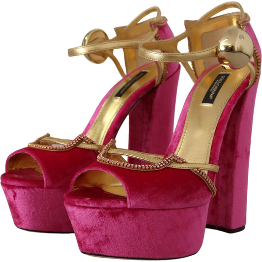 Dolce & Gabbana Pink Velvet Crystal Ankle Strap Sandals Shoes LA9774- 39.5