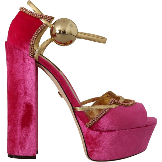 Dolce & Gabbana Pink Velvet Crystal Ankle Strap Sandals Shoes LA9774- 39.5