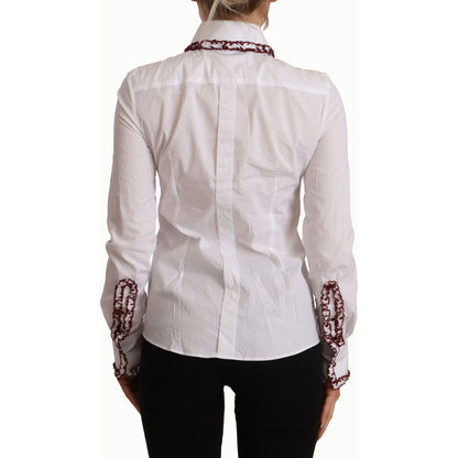 Dolce & Gabbana White Cotton Lace Long Sleeves Ruffle Collar Top Shirt