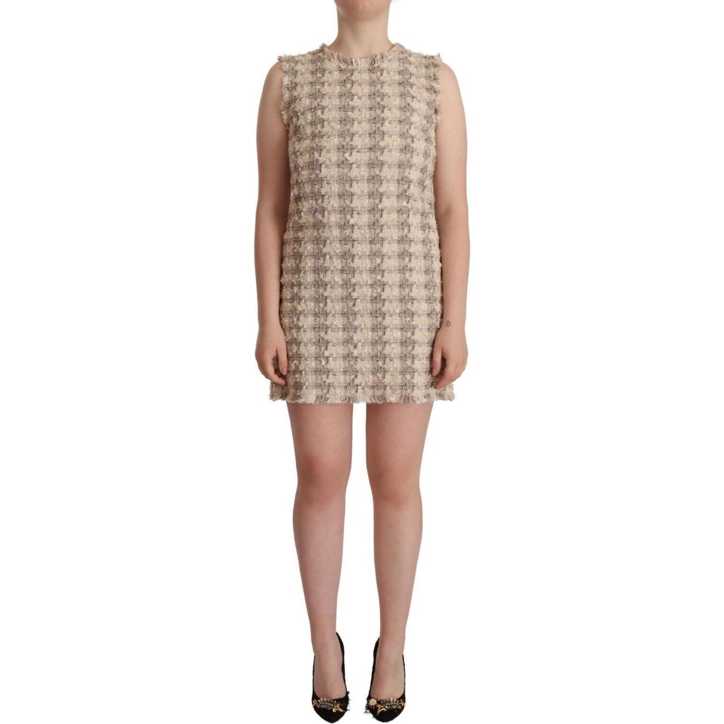 Dolce & Gabbana Beige Checkered Sleeveless Mini Shift Dress
