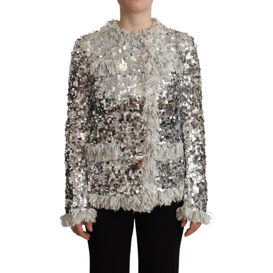 Dolce & Gabbana Silver Sequined Shearling Long Sleeves Jacket JKT3269 - 40