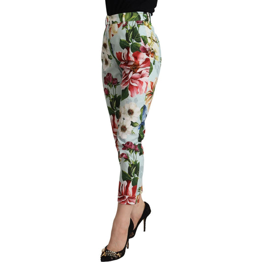 Dolce & Gabbana Light Blue Fiori Print Cotton Trouser Tapered Pants
