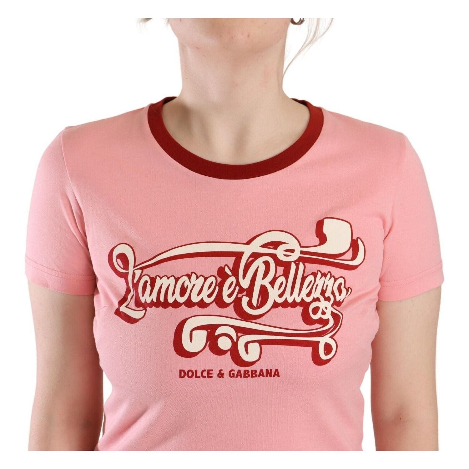 تي شيرت Dolce &amp; Gabbana Chic باللون الوردي مع رقبة دائرية وشعار