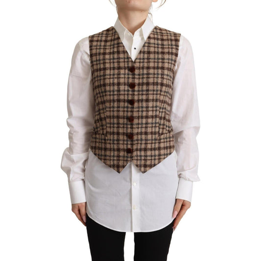 Dolce & Gabbana Brown Checkered Leopard V-neck Sleeveless Vest Top TSH7620 - 40