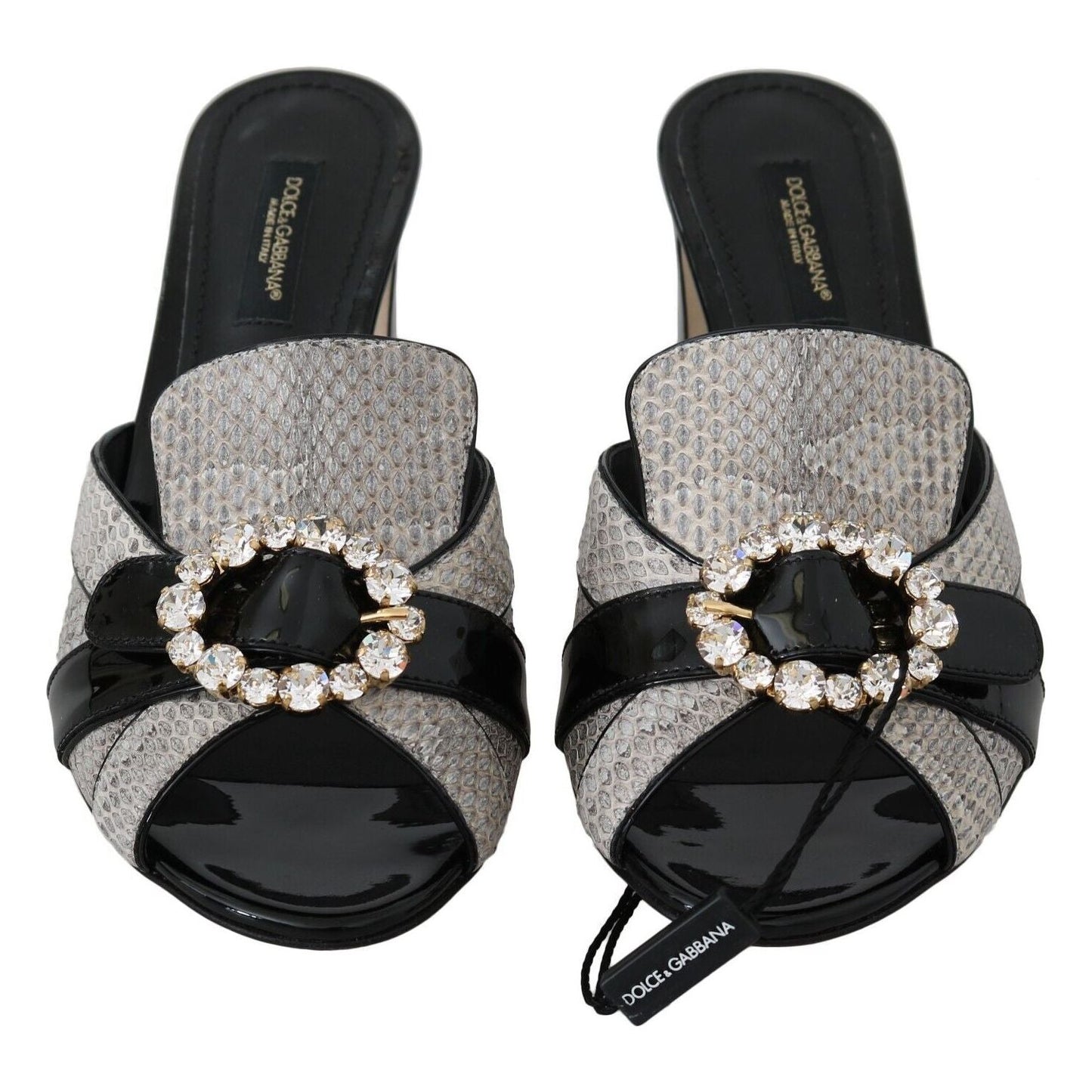 Dolce & Gabbana Black Gray Exotic Leather Crystals Sandals Shoes