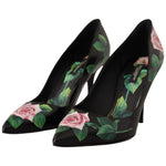 Dolce & Gabbana Black Leather Roses High Heels Pumps Shoes LA9966-35