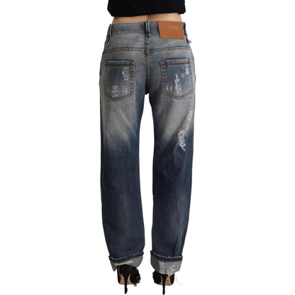 Acht Blue Tattered Mid Waist Straight Denim Cotton Jeans