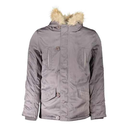2 Special Gray Polyester Jackets & Coat with hood and fur lining, featuring buttons, zip, pockets, front view.