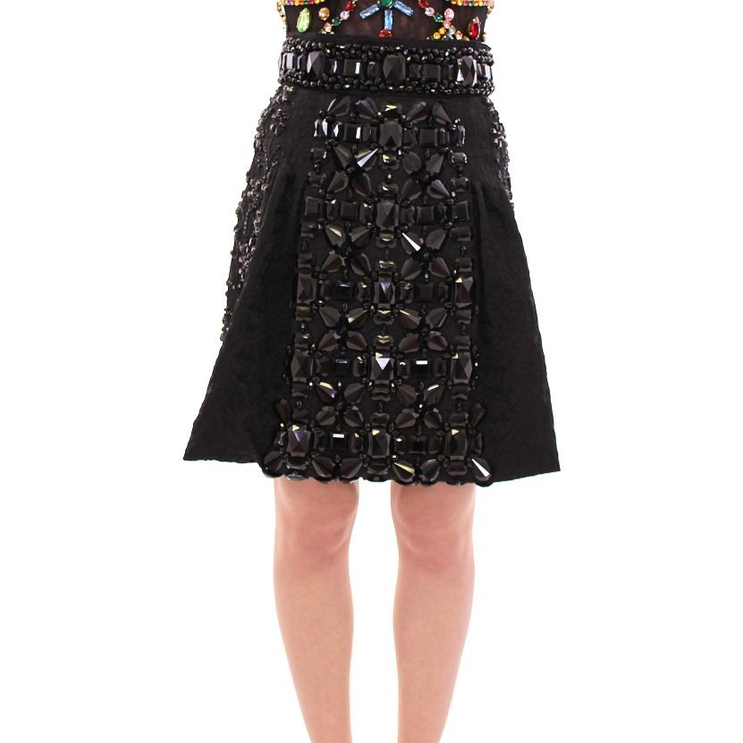 Dolce & Gabbana Black Crystal Handmade Above Knee Skirt