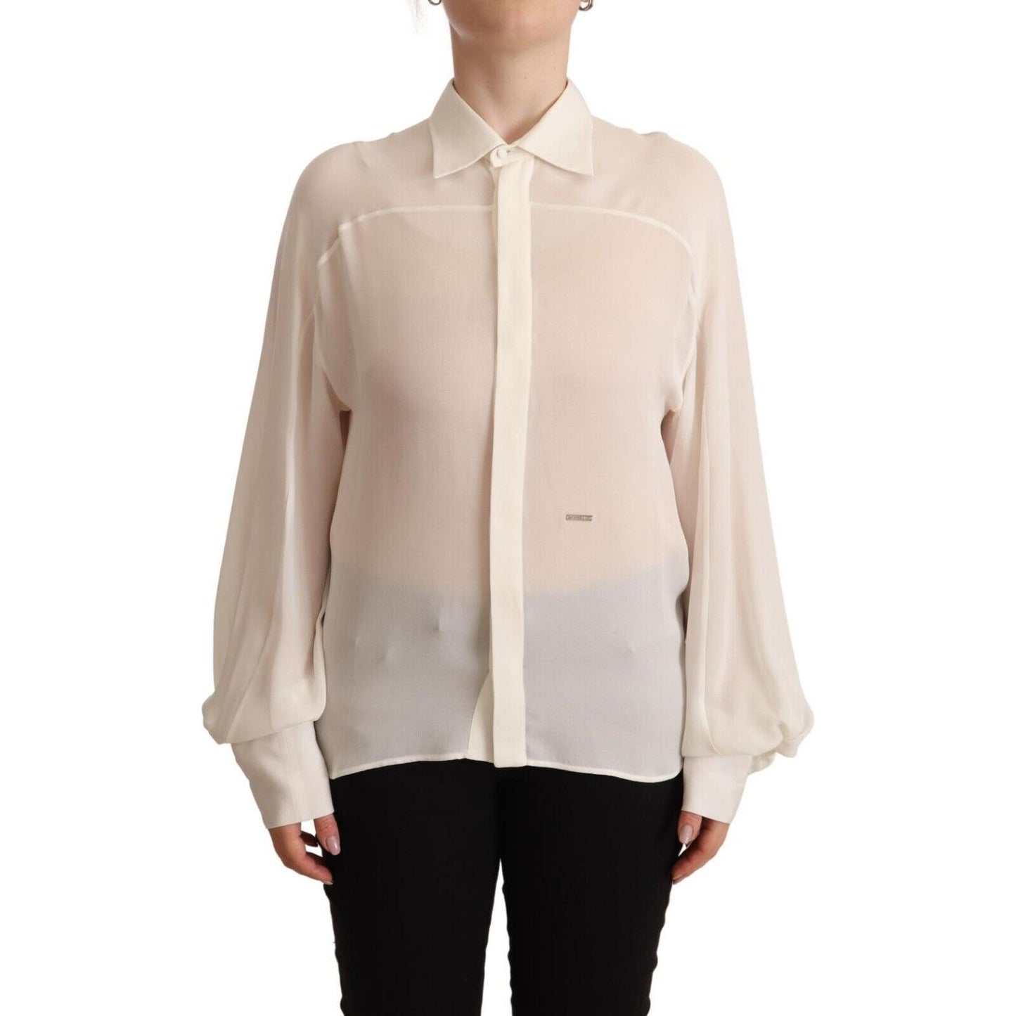 Dsquared² Off White Silk Long Sleeves Collared Blouse Top