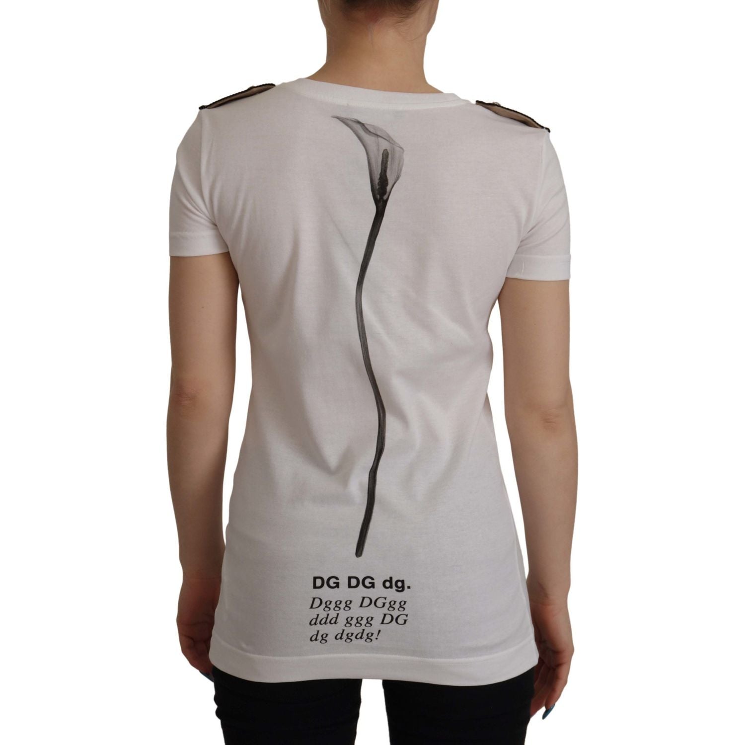 تي شيرت Dolce &amp; Gabbana الأنيق المصنوع من القطن بفتحة رقبة دائرية ومزين بالزهور