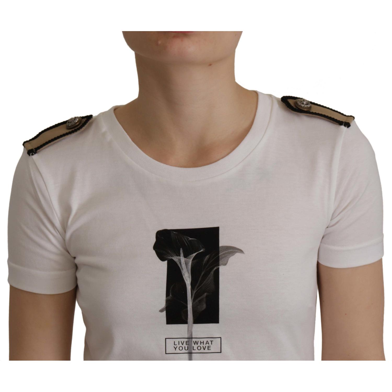 تي شيرت Dolce &amp; Gabbana الأنيق المصنوع من القطن بفتحة رقبة دائرية ومزين بالزهور