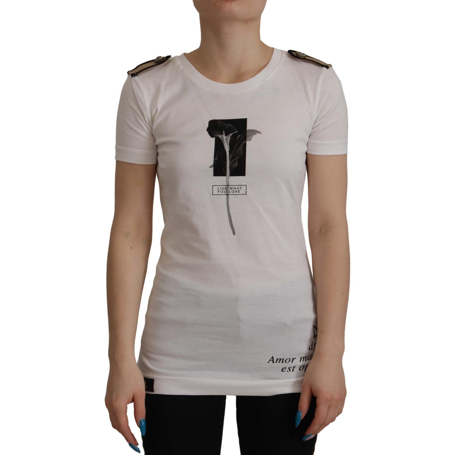 تي شيرت Dolce &amp; Gabbana الأنيق المصنوع من القطن بفتحة رقبة دائرية ومزين بالزهور