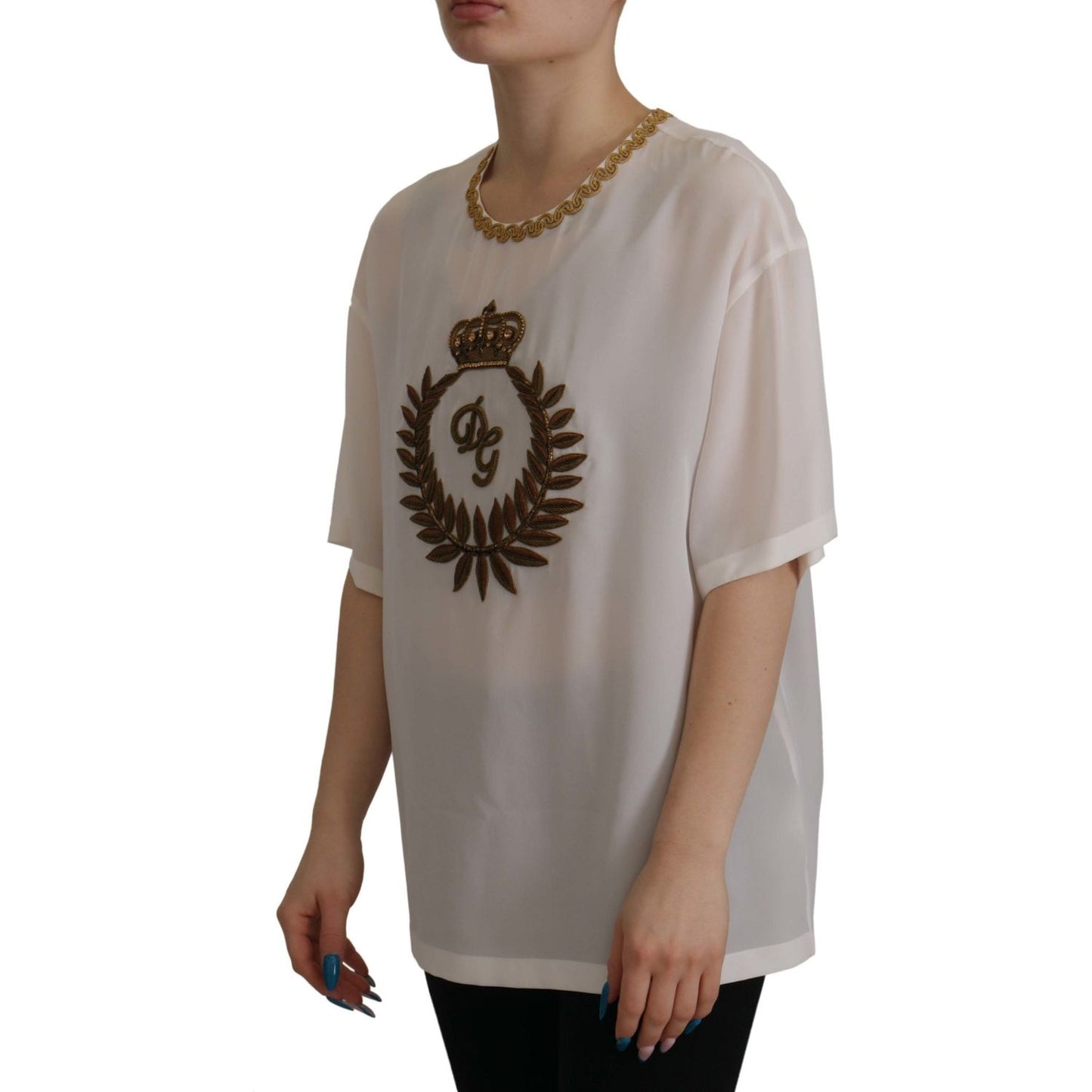 Dolce & Gabbana White Silk Gold DG Crown Crystal Blouse Top TSH7844- 36