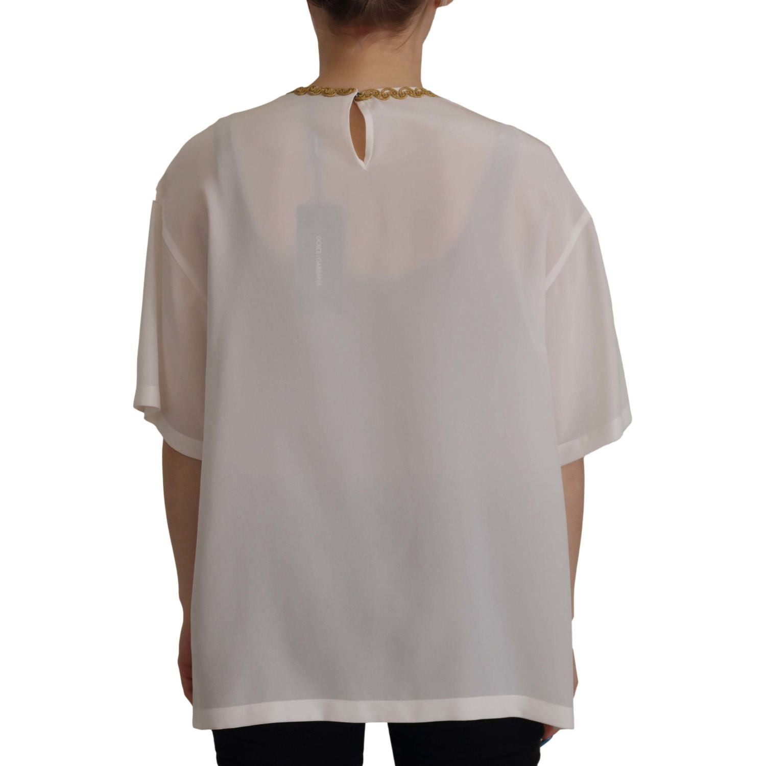 بلوزة دولتشي آند غابانا الحريرية الأنيقة المطرزة بتاج ذهبي